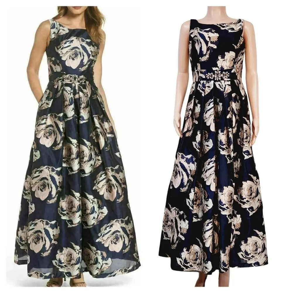 Eliza J Embellished Floral Ballgown Dress Navy Multi Size 10 - Image 2