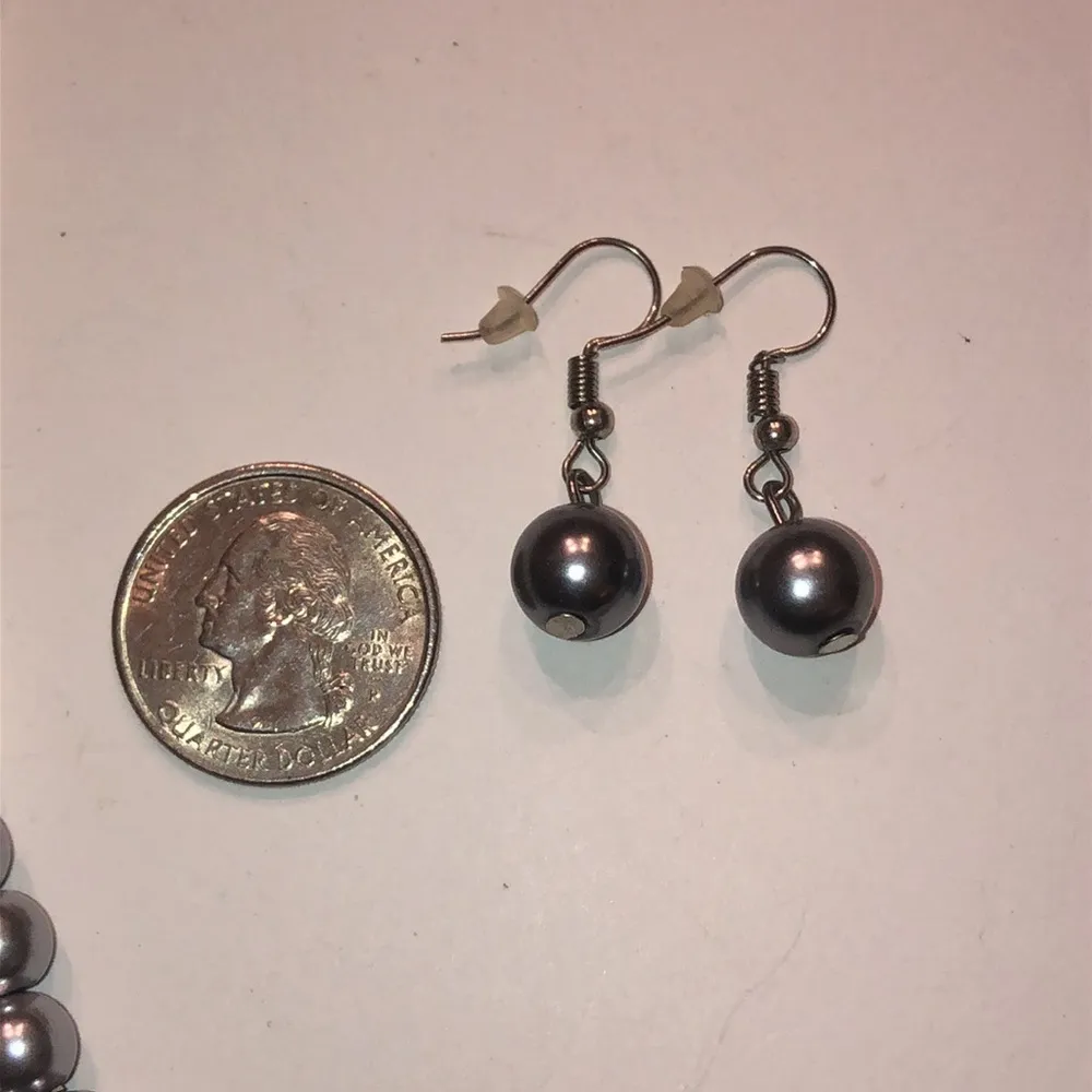 Silver Tone Off White Gray Faux Pearls Multi Strand Statement Necklace Earrings - Image 6