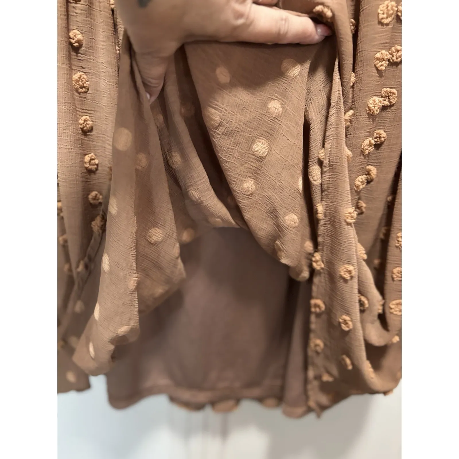 Listicle Brown Babydoll Midi Dress Size Sm Chiffon Short Sleeve‎ Lined V Neck - Image 3