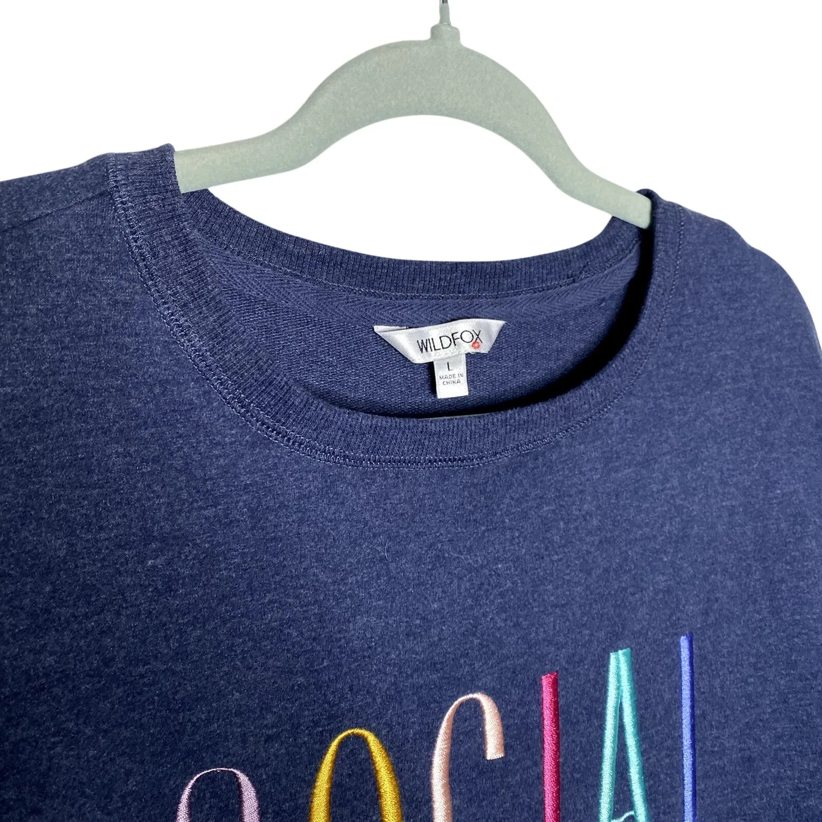 Wildfox Social Embroidered Spellout Sweatshirt Blue Size Large Loungewear Travel - Image 2