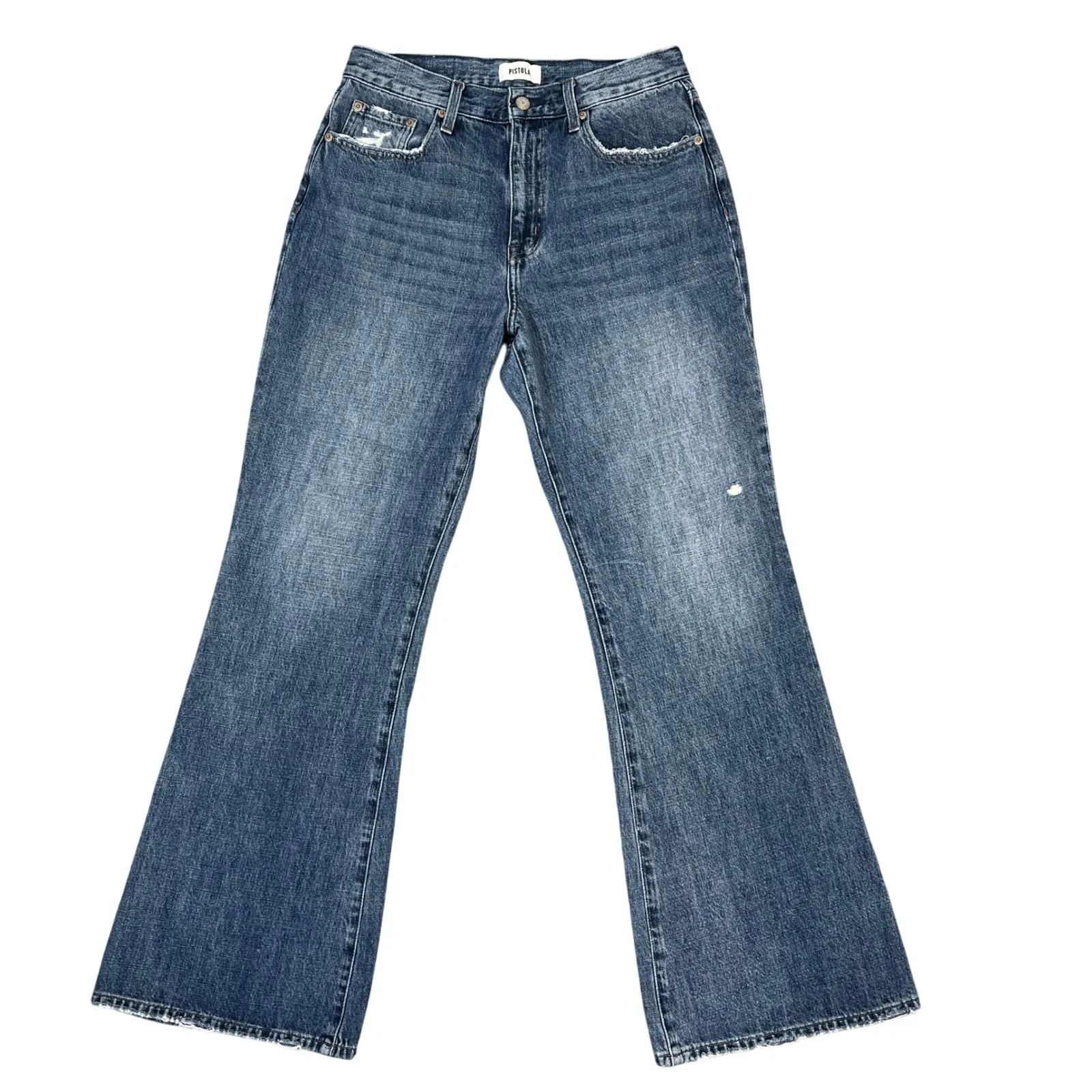Pistola Stevie High Rise Relaxed Flare Jeans 29" Distressed Med Wash Boho Grunge - Image 3