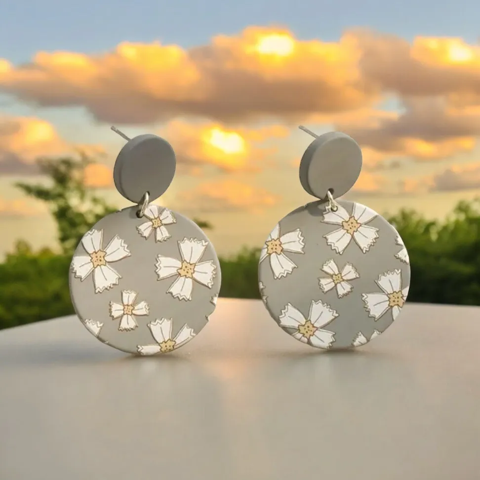 Adorable Elegant Classic Grey‎ Round Shape White Flower Dangle Acrylic E… Gray - Image 12