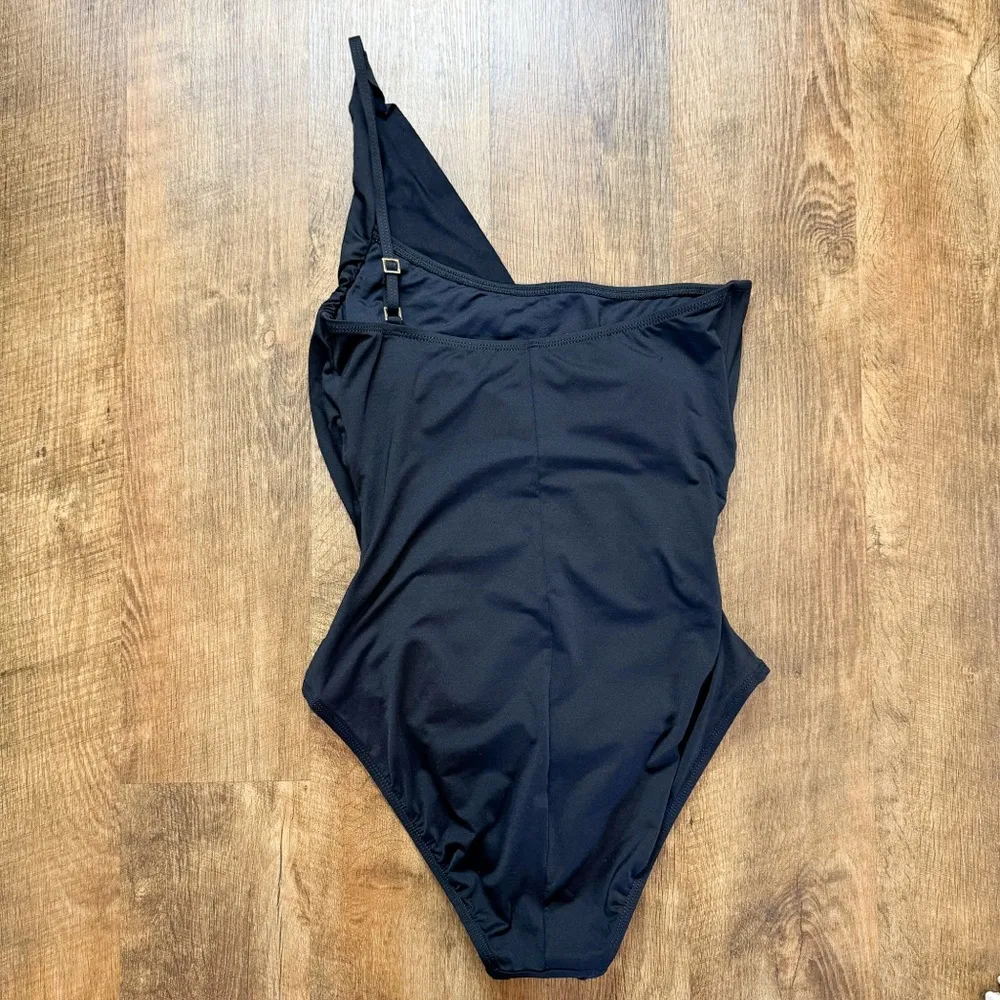 La Blanca One Piece Swimsuit Sz 12 Black One Shoulder Drape Wrap Surplice - Image 2