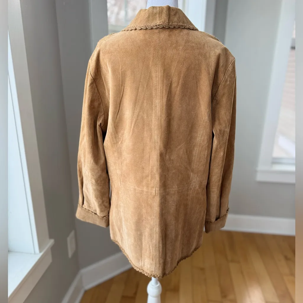 Coldwater Creek Tan Genuine Suede Leather Crochet Boho Shacket Jacket Medium - Image 4