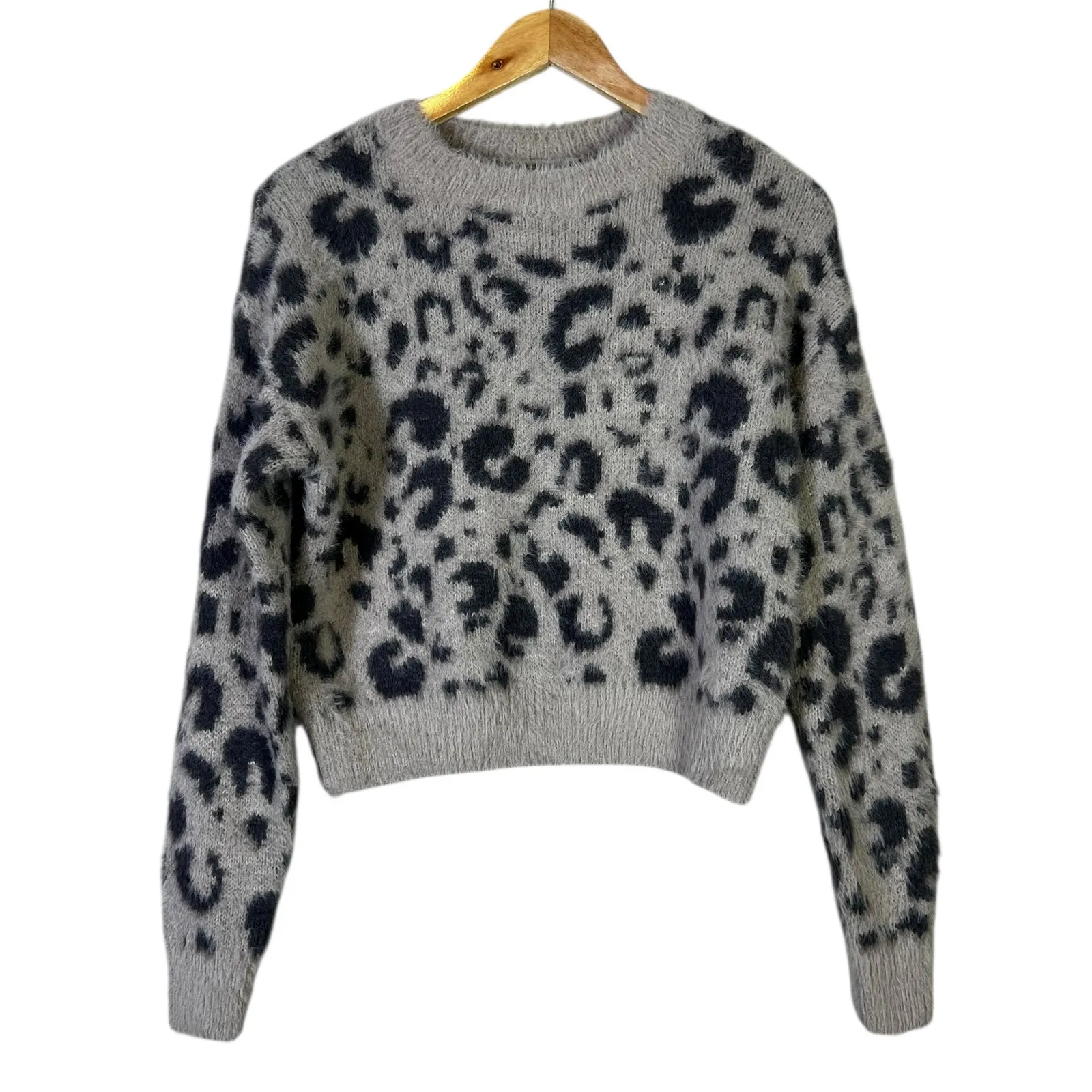 SO Fuzzy Leopard Print Sweater Womens M Gray Black Soft Cozy Cool Girl Indie - Image 2