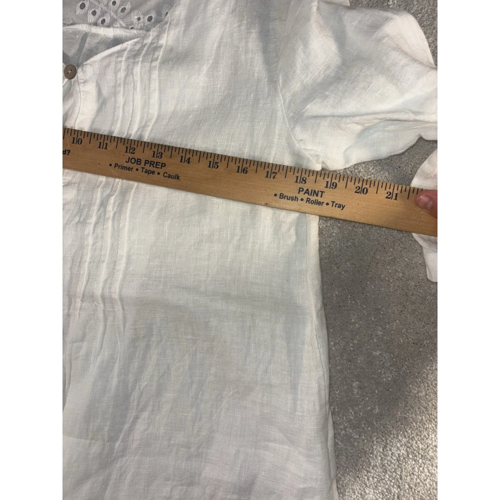 Lungo L'arno 100% Linen Button Up Roll Tab Sleeve Top Size S Eyelet Design White Blue - Image 6