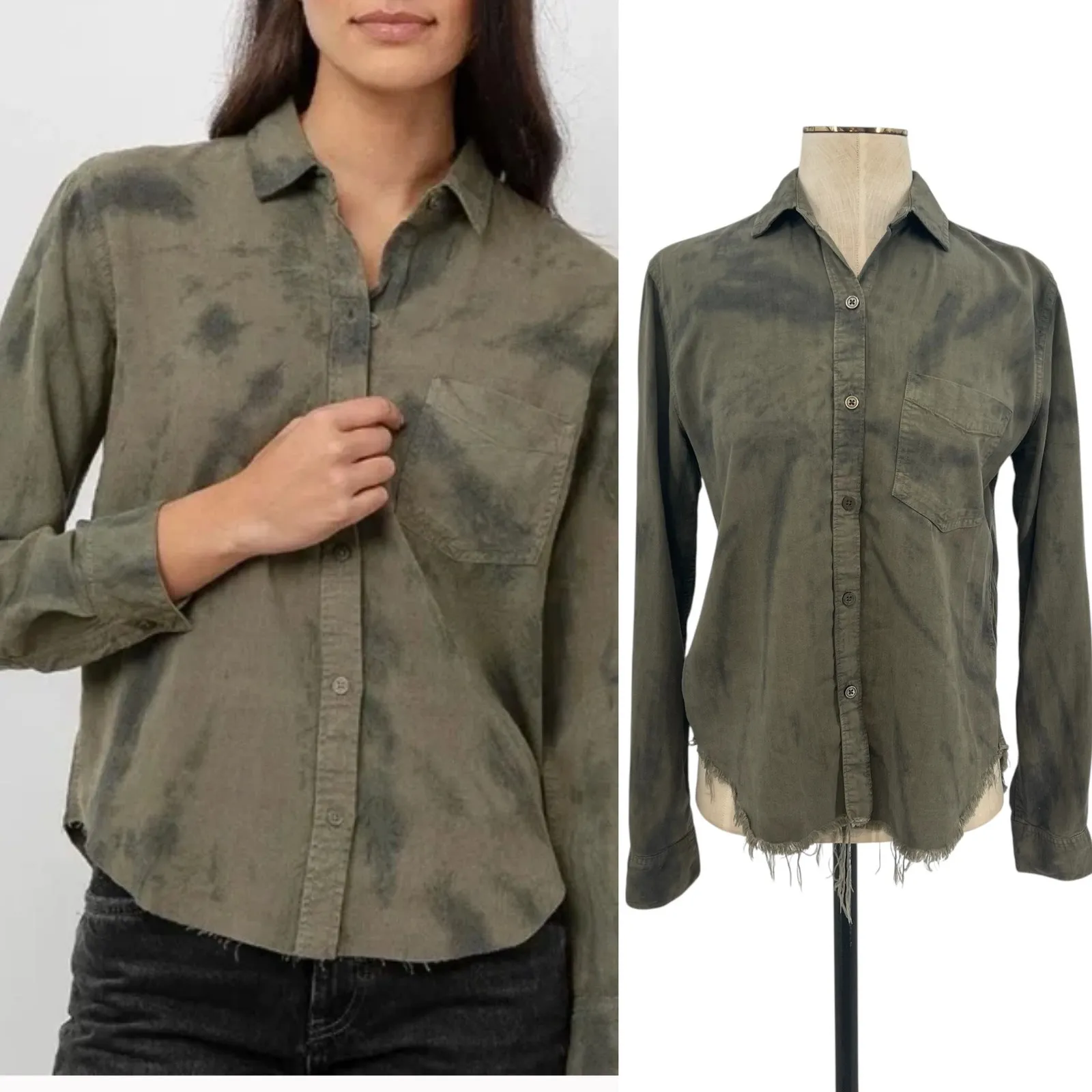 Rails Ingrid Raw Button Down Shirt Top Tie Dye‎ Olive Green Black Size XS - Image 2
