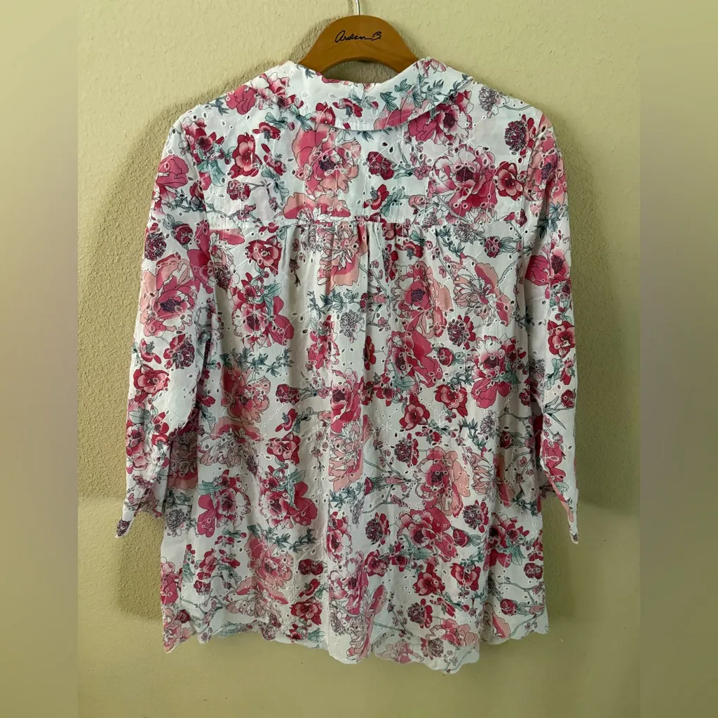 Charter Club Pink and White Floral Button-Down Eyelet Blouse 3/4 Sleeve - Image 4