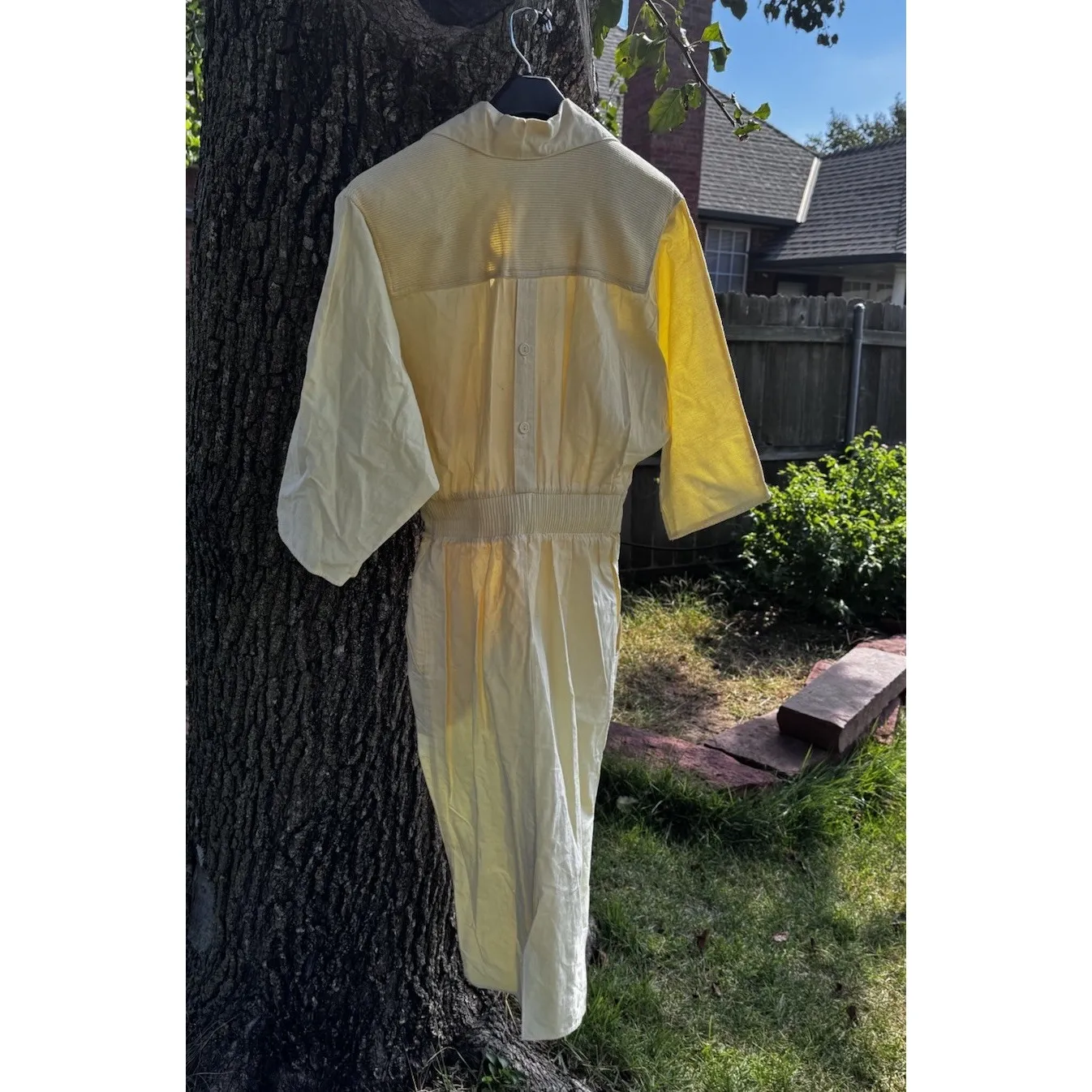 VTG 1950 Style Pastel Yellow Cotton Midi Day Dress Sz7 Tight Waist USA Bat Sleev Size 6 - Image 3