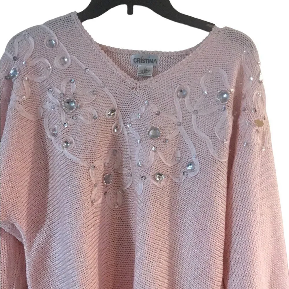 Cristina Pink Pullover Sweater with Gemstones Pearls Large - Image 2