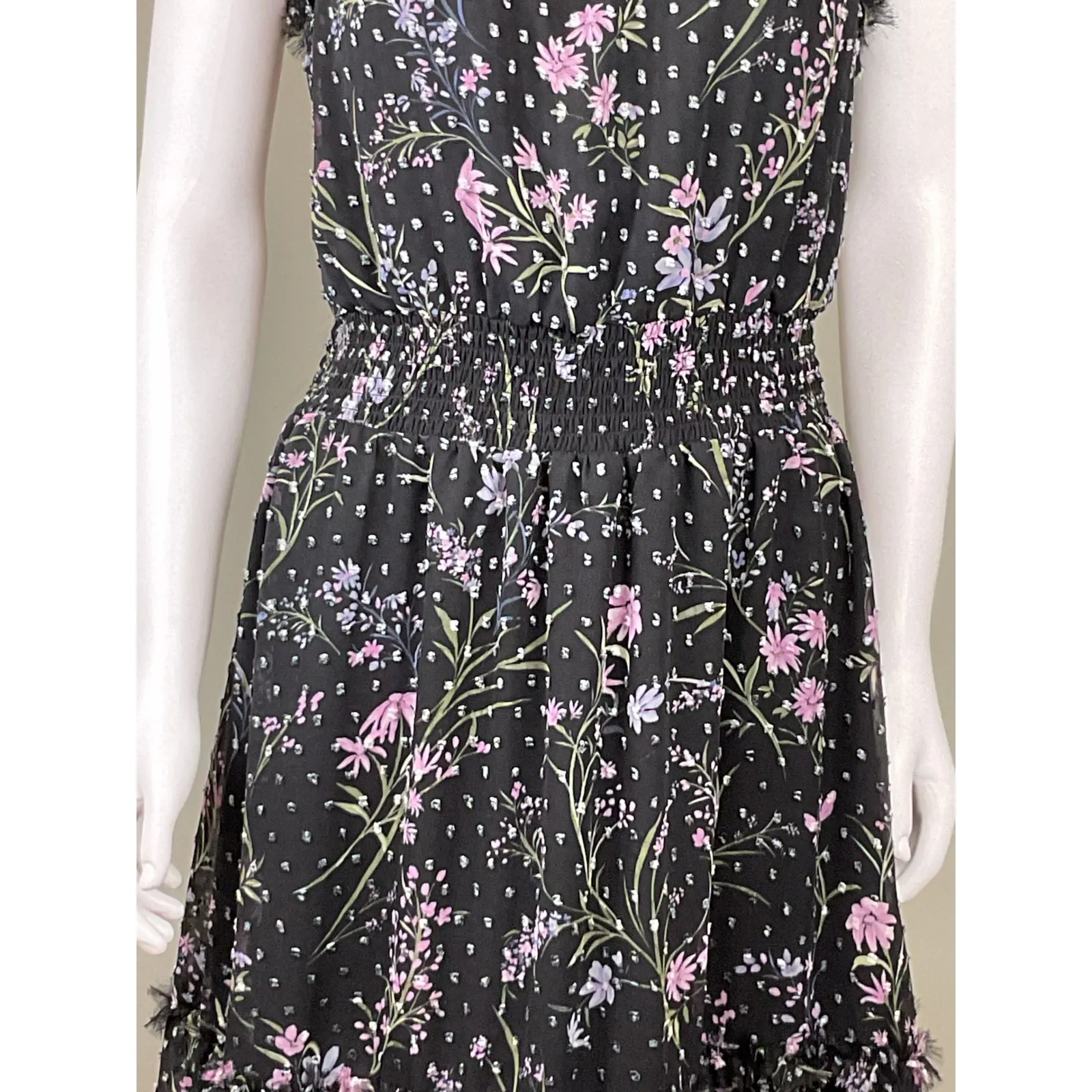 CeCe Black Floral Flutter Sleeve Smocked Waist Midi Dress Women's M - Image 11