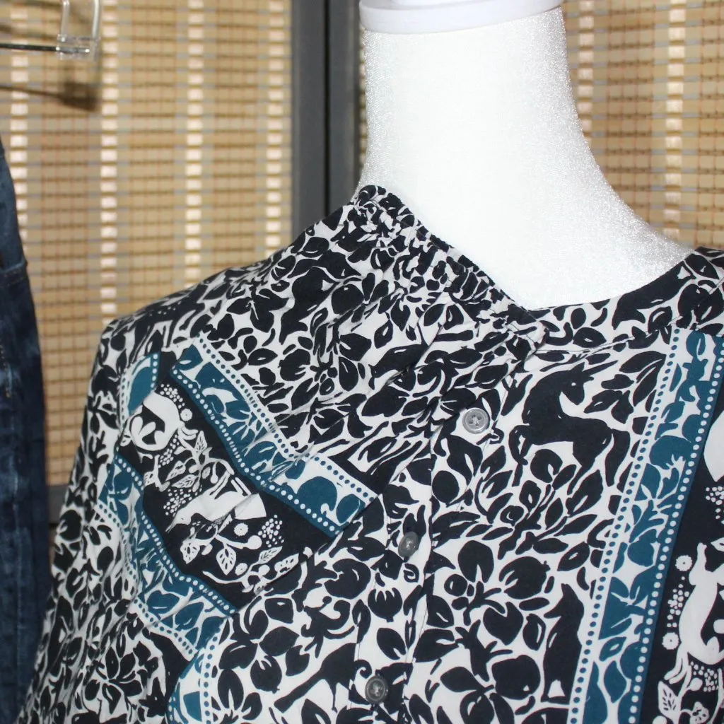 LOFT Navy White & Teal Blouse with Woodland Creatures and Unicorn Motif - Image 7