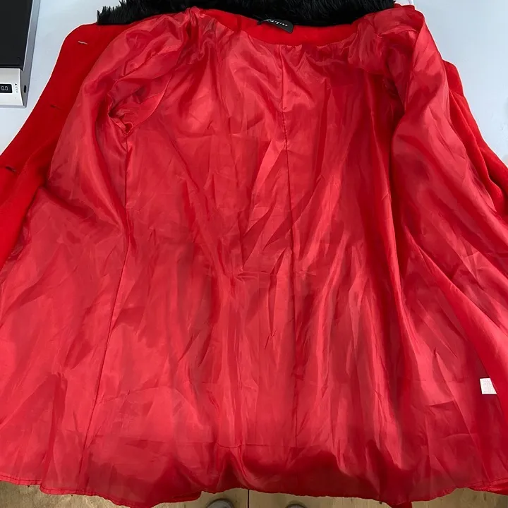 Yiyigiao red cotton faux fur collar peacoat button tiered belted coat XS small - Image 10