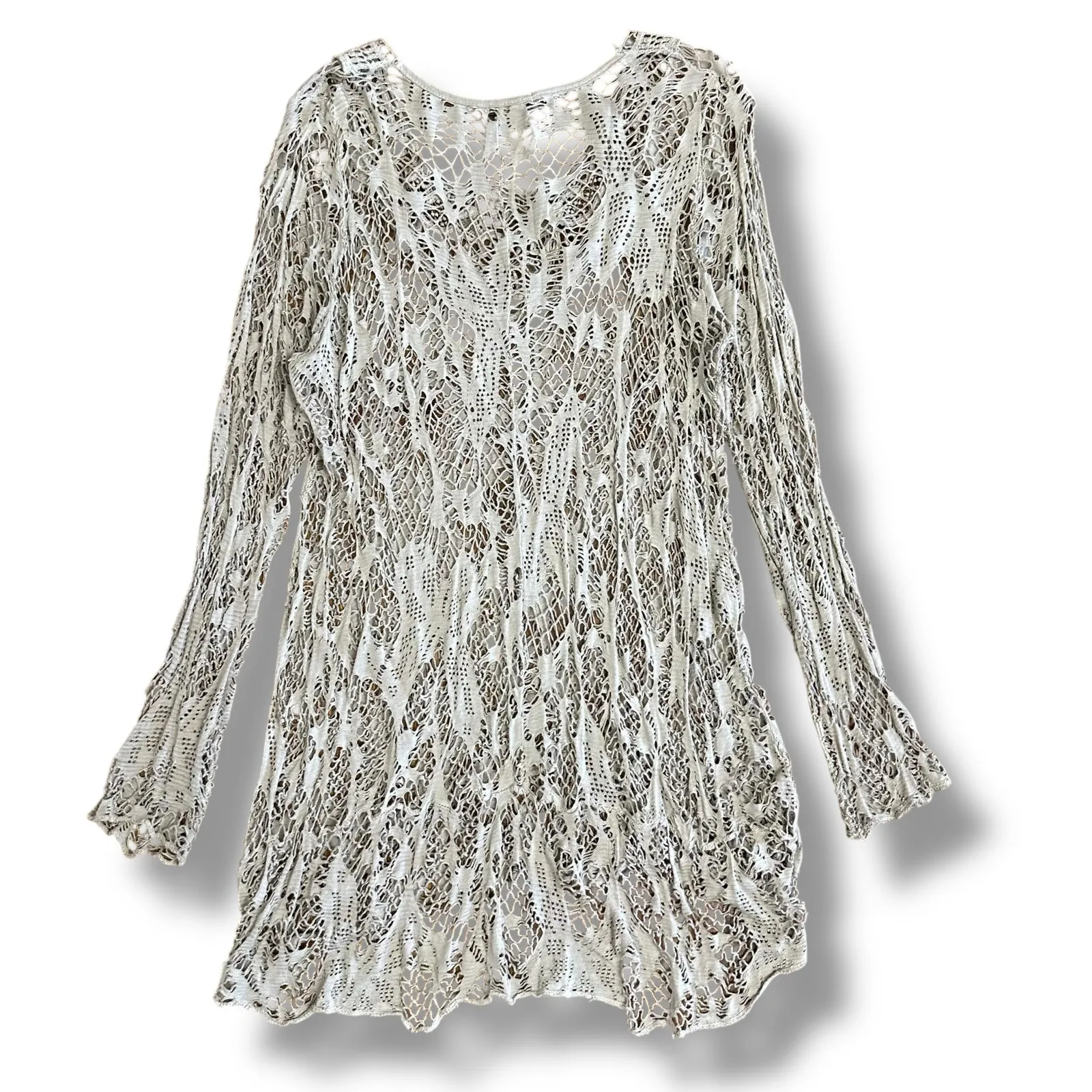 Tempo Paris Taupe Crochet Tunic Top M Boho Sheer Lace Knit Long‎ Sleeve - Image 5