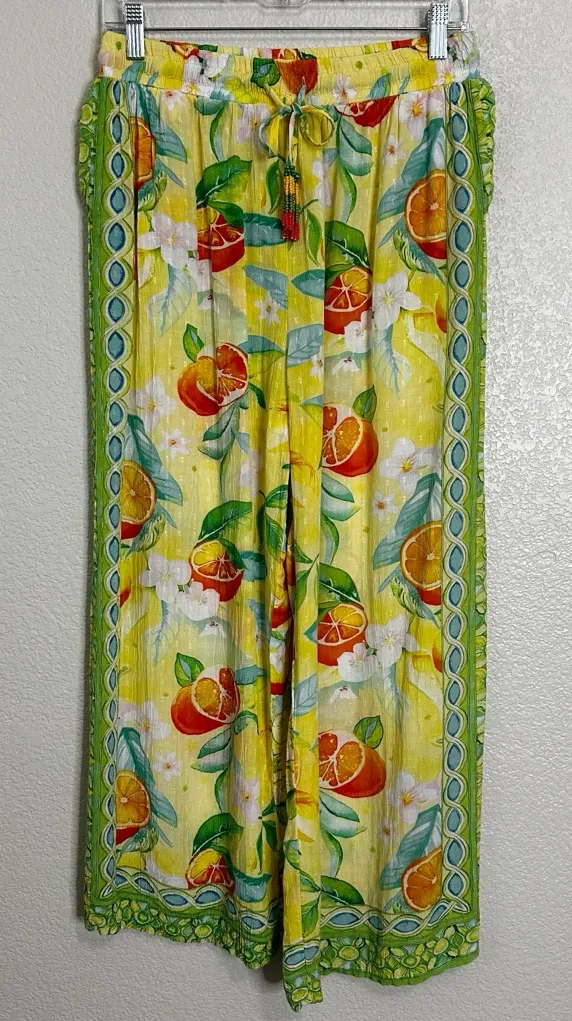 C&C California Boho Citrus Floral Print Wide Leg Pants, Sz Large - Image 1
