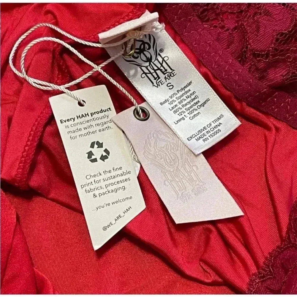 NWT Free People x We are HAH Top Heavy Bodysuit Rouge Red Lace Trim Sz S - Image 3