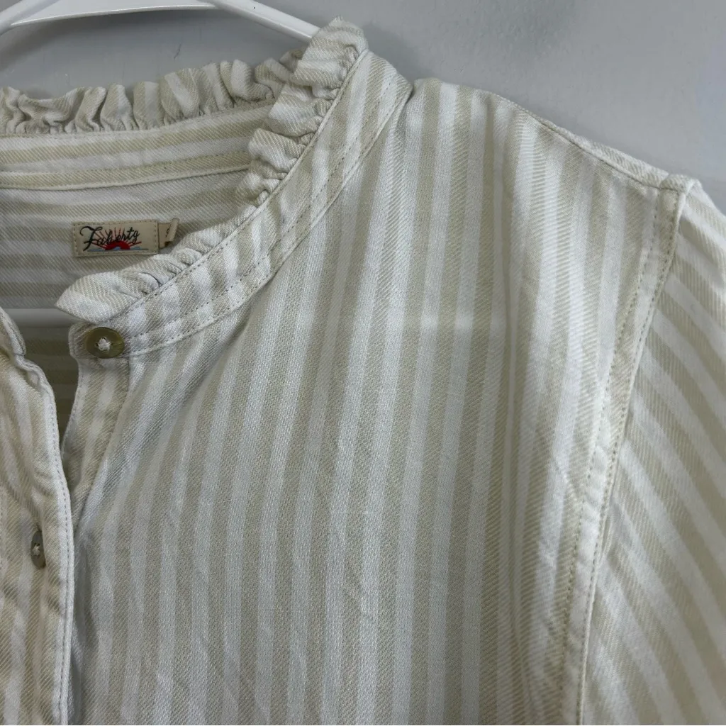 Faherty Nantucket Ruffle Button Down Linen Blend Striped Shirt White/Beige Small - Image 6