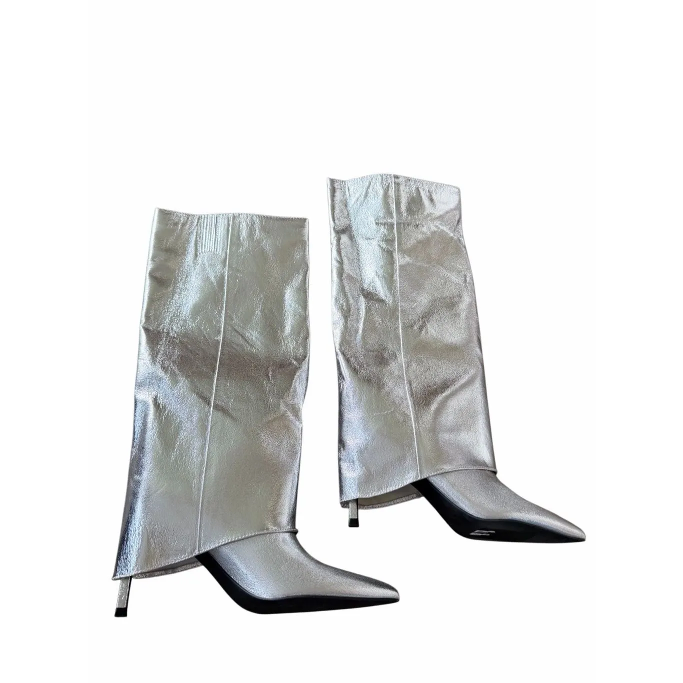 Open Edit Tall Boot in Silver Metallic Size 7.5 Stiletto Heel Pointed Toe - Image 3