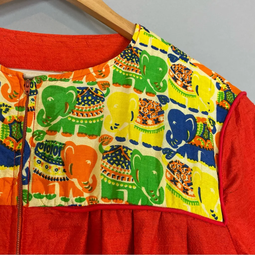 Vintage Caftan Dress Maxi Women Kaftan Muumuu Elephants‎ Reddish Orange Zip - Image 9