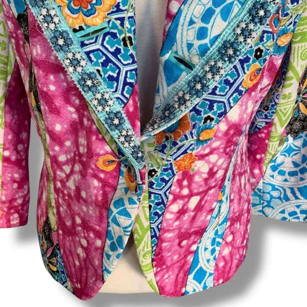 Y2K Alberto Makali Blazer Jacket Multicolor Beaded Embellished Floral Boho - Image 3