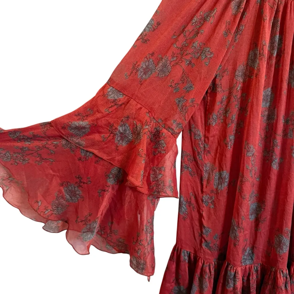 Free People Red Sunsetter Sheer Flowy Dress Sz L - Image 4