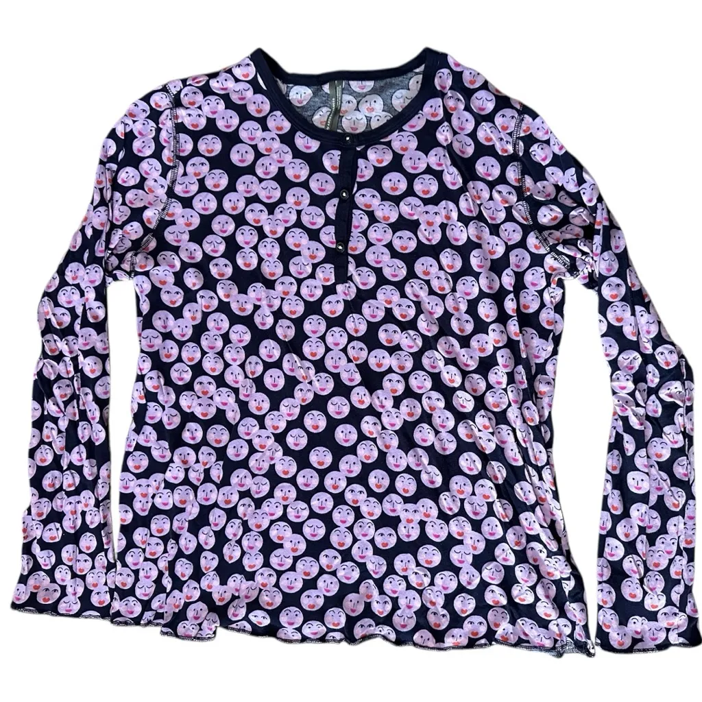 Anthropologie Women’s Size M Navy Blue Pink Kiss Face Top Bottom Pajama PJ Set - Image 3