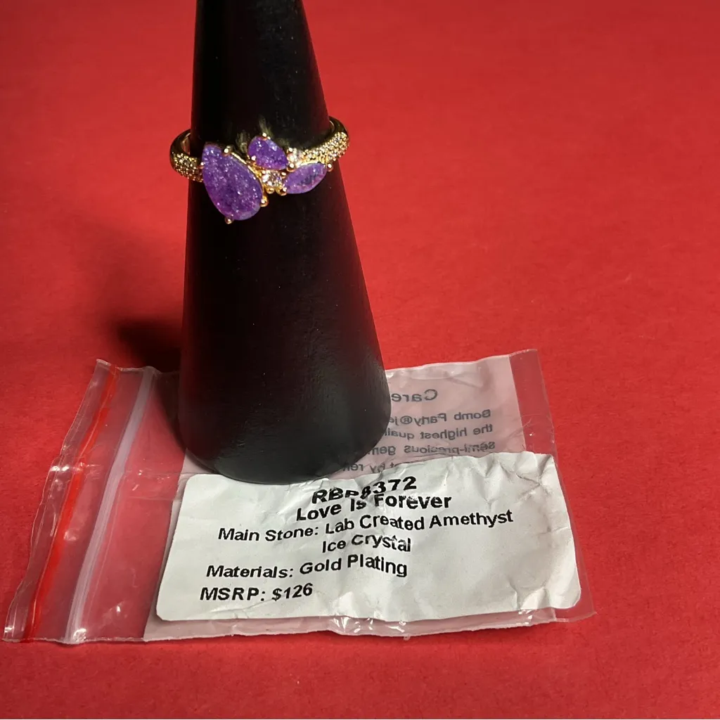 Bomb Party RBP8372 “Love Is Forever” LC Crystal on Gold Plating Size 8 Ring NWT Purple - Image 4