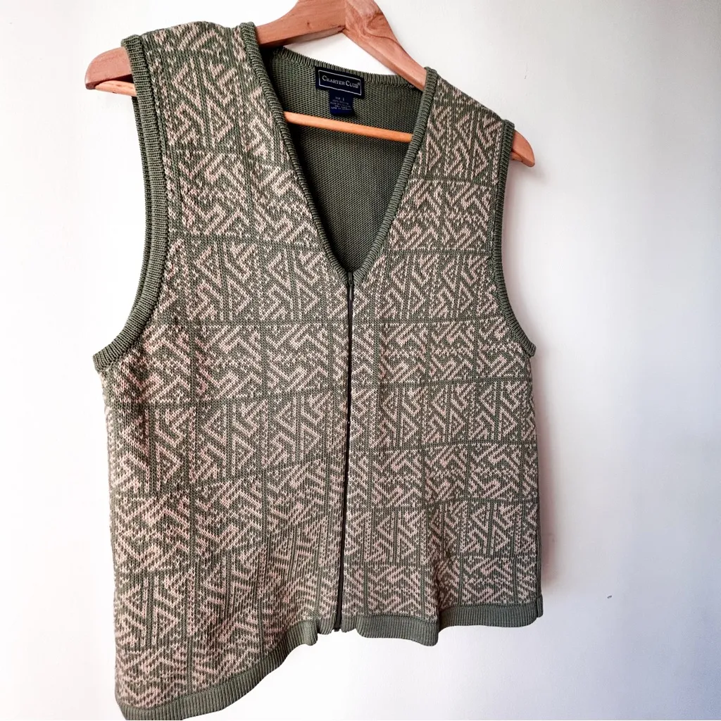 Charter Club Patterned Green Beige Cotton Knit Zip-Up Sweater Vest Large - Image 8