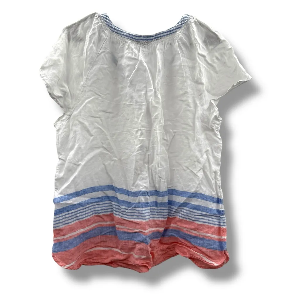 Talbots Linen Striped Henley Top Women’s Size Large White Blue Pink‎ Summer - Image 2