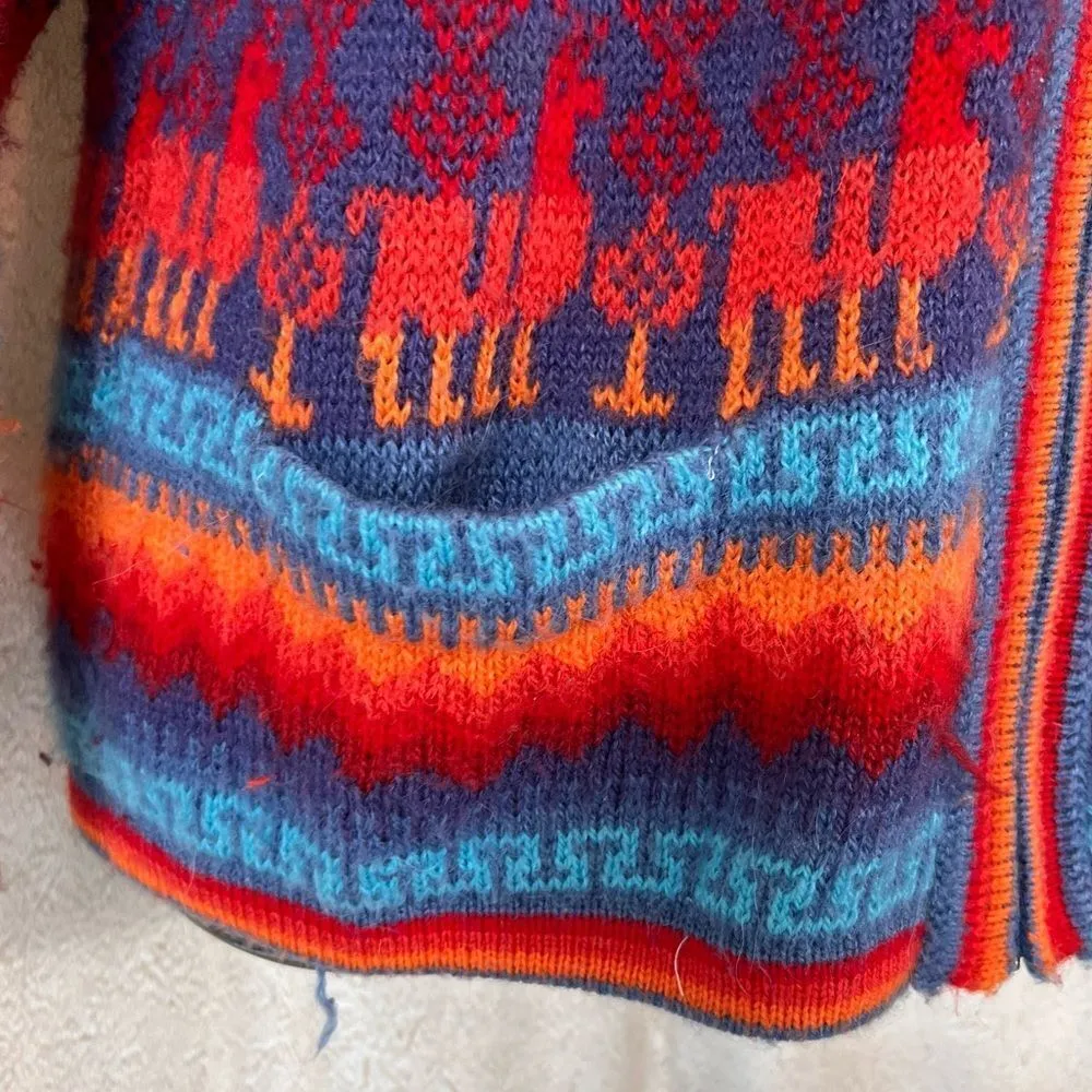 Alpaca zip up cardigan sweater from Peru with colorful striped Alpaca design Red Size L - Image 5