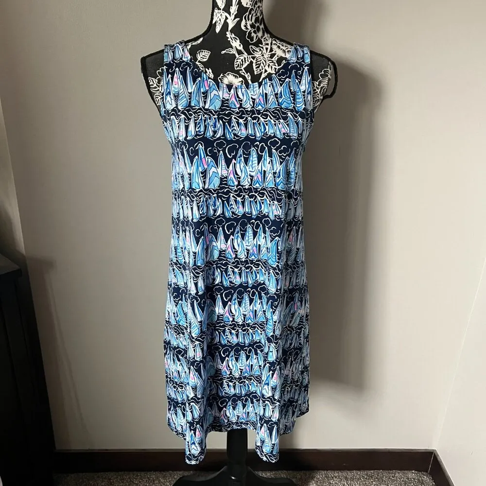 Lilly Pulitzer Shift Dress Medium Kristen Low Tide Navy Sail Boats Pima Cotton - Image 4