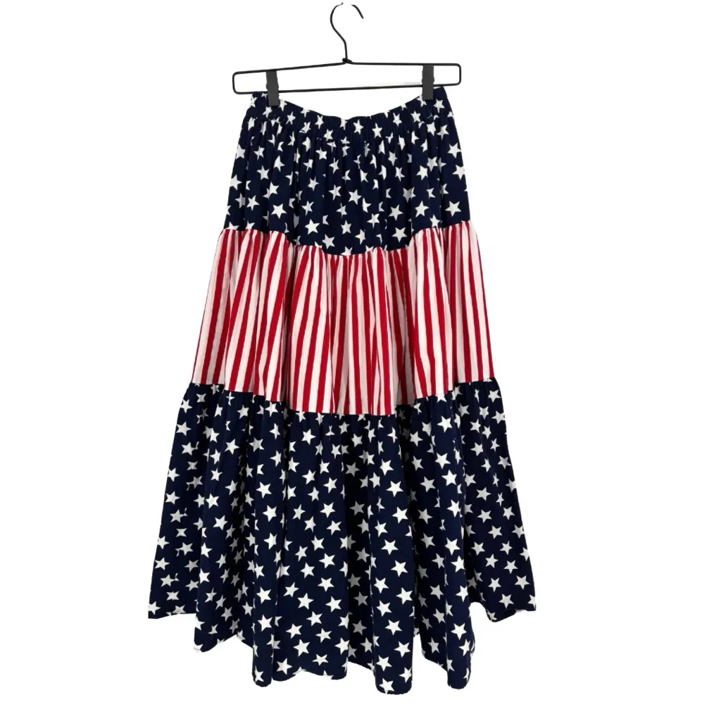 Stars and Stripes Tiered Midi Length Circle Skirt S/M America USA Western Ranch Red Size M - Image 2