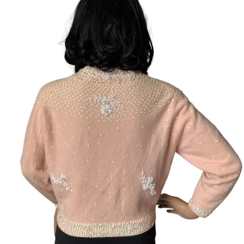 Vintage Jo Ro Imports Angora Lamb Wool Beaded Sequin pink white Cardigan small - Image 3
