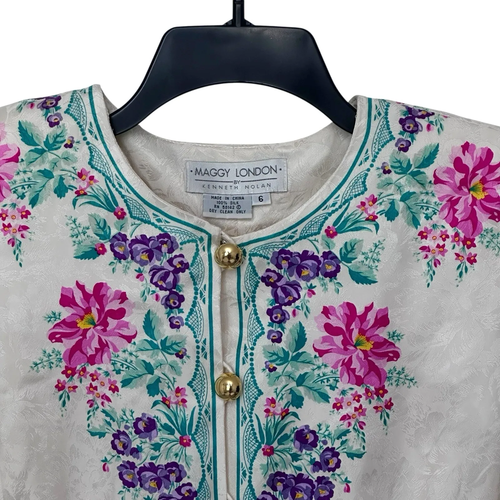 Vintage 90s Maggy‎ London By Kenneth Nolan 100% Silk Dress SZ 6 Boho Mod - Image 2