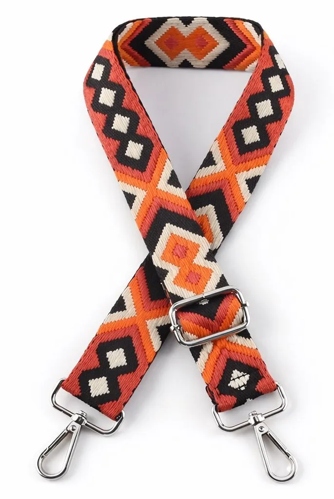 Bohemian Western Aztec Crossbody Strap Silver Hardware Adjustable Replacement Orange - Image 1