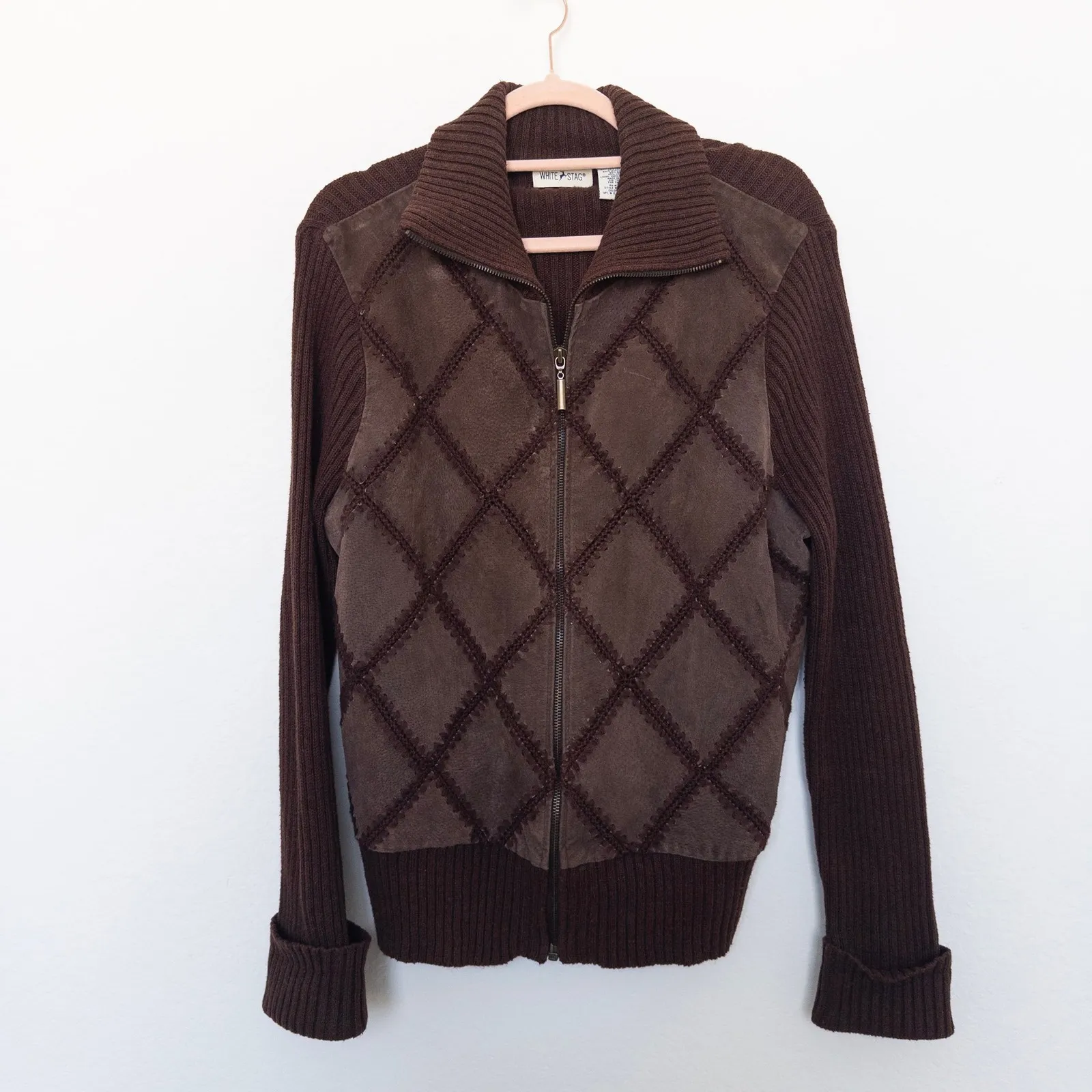 VTG White Stag Womens Jacket Size L Brown Suede Argyle Zip Front Long Sleeve Y2K - Image 2