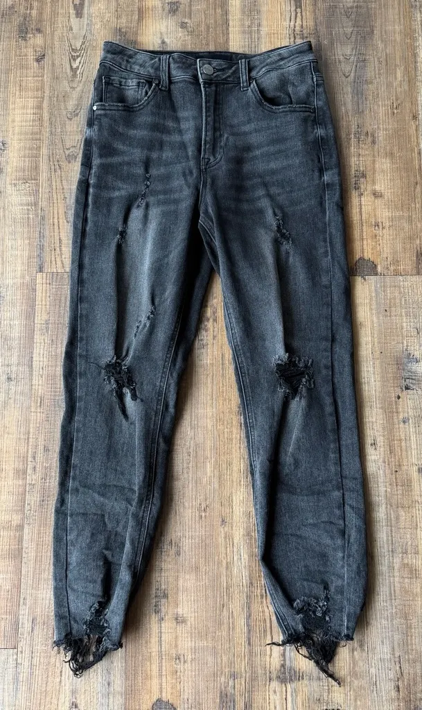 Risen Women's Black Faded Raw Frayed Hem High Rise Skinny Denim Jeans Size 27 - Image 1