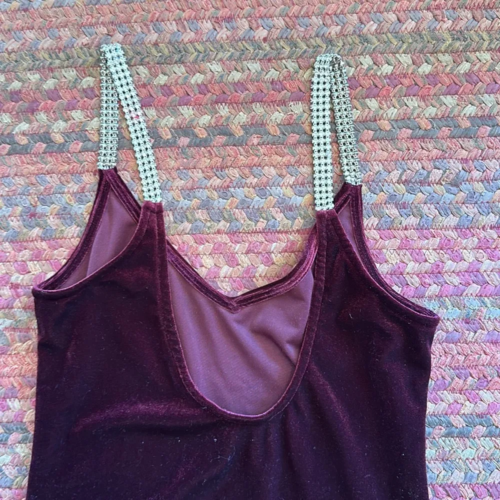 MAROON VELVET RHINESTONE STRAP BODYSUIT ONE PIECE Red - Image 6
