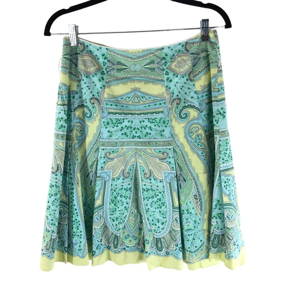 Elie Tahari Skirt Pleated A Line Cotton Stretch Paisley Blue Green 4 - Image 5