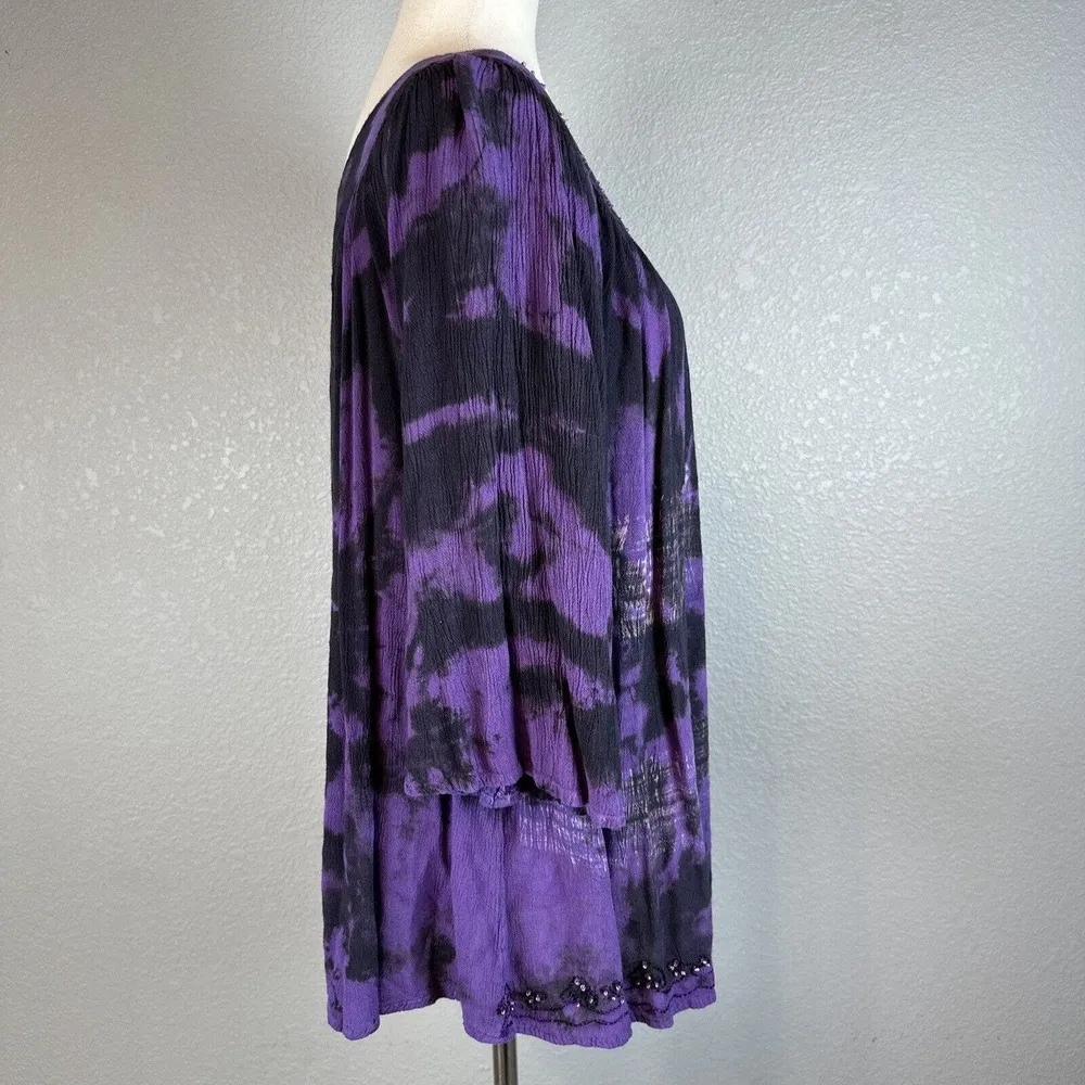 Sacred Threads  Womens Tunic Top One Size Purple Black Tie Dye Beaded Sequins - Image 6