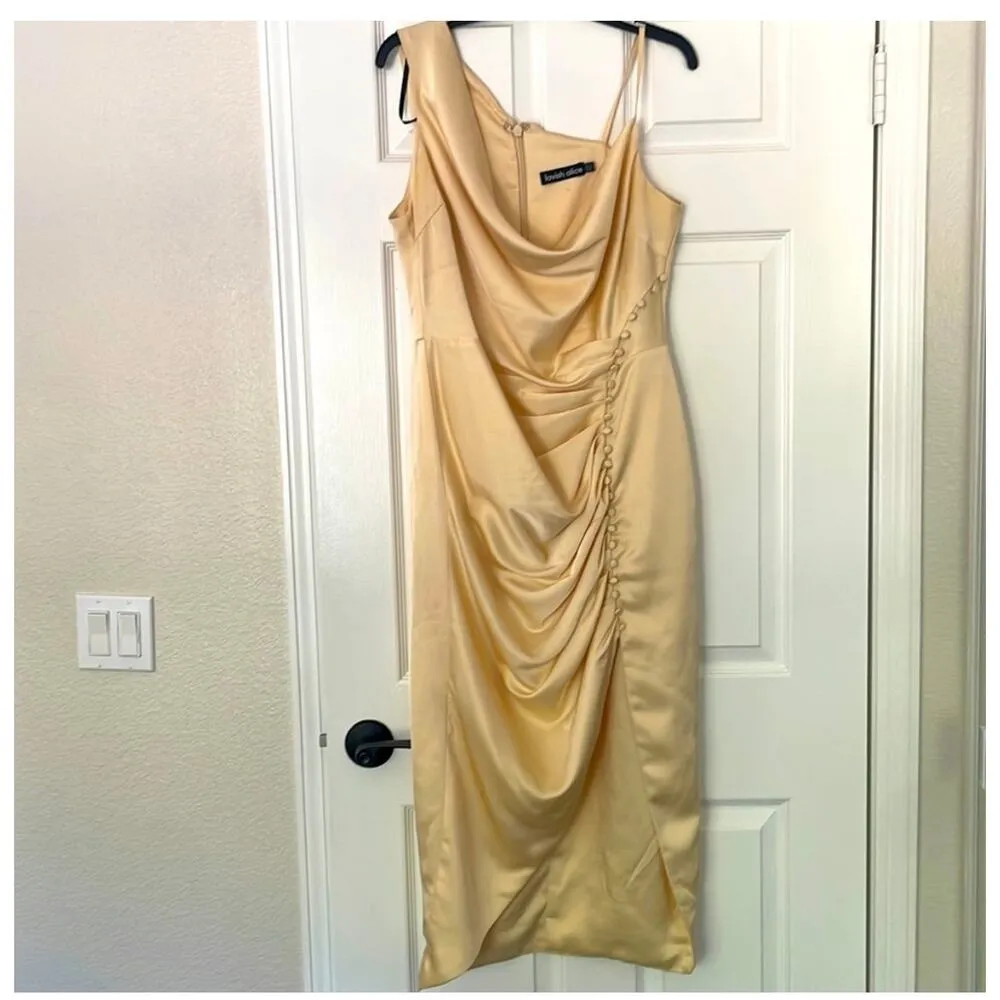 Lavish Alice Golden Yellow Cowl Neck One Shoulder Ruched Gown, A32 - Image 3