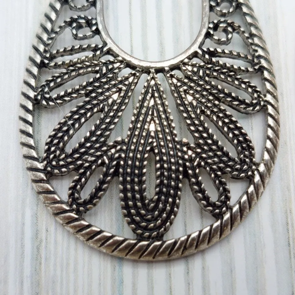 Premier Designs Silver Tone Filigree Openwork Teardrop Earrings Statement 2.5" - Image 3