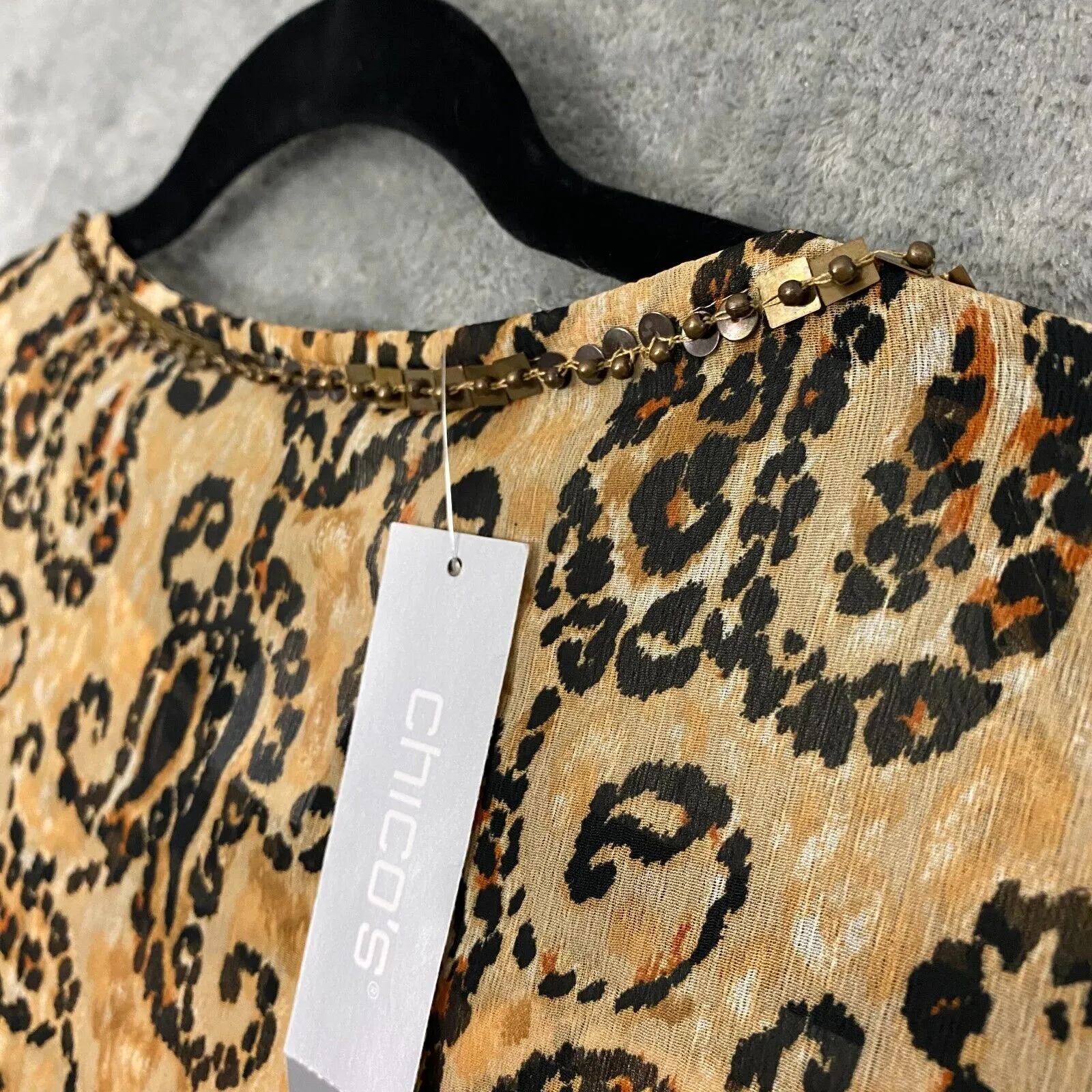 Chicos Top Sz 3 Chiffon Embellished Tunic Paisley Leopard Mob Wife Cats 16/18 - Image 9