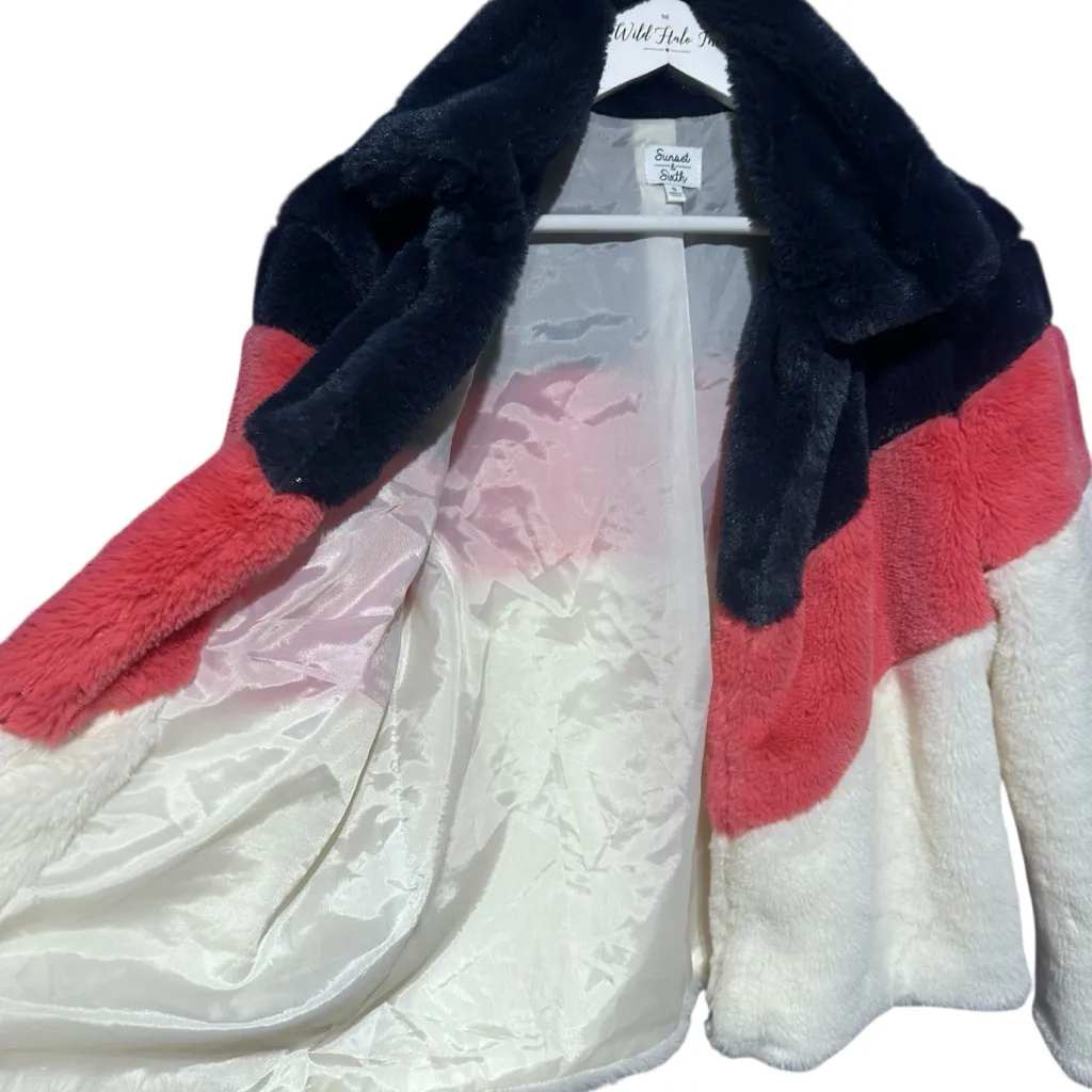 Faux Fur Bomber Plush Fluffy Retro Color Block Small Blue - Image 7