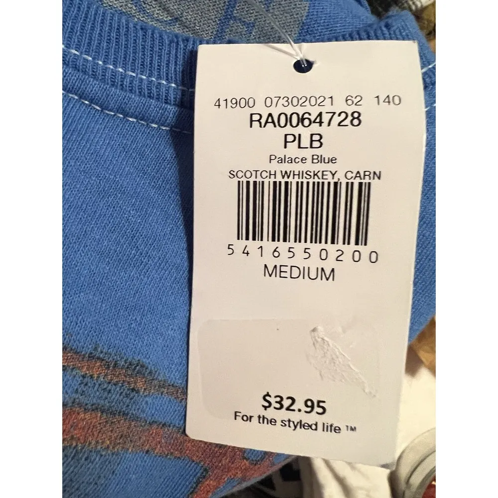 Pierce Archive Goodie Two Sleeve Graphic Shirt Med Scottish Whisky Print Retro Blue Size 8 - Image 5