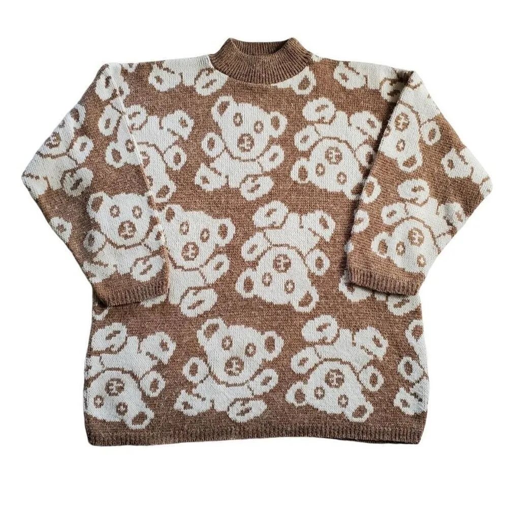 ✨VTG Needles & Yarn Teddy Bear Fluffy Knit High Neck Sz Large Sweater Womens✨ Tan - Image 3