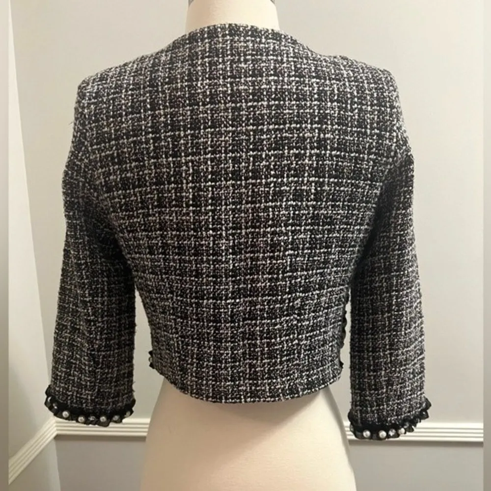 Maje Tweed Blazer Cropped Embellished Faux Pearls and Rhinestones XS - Image 4