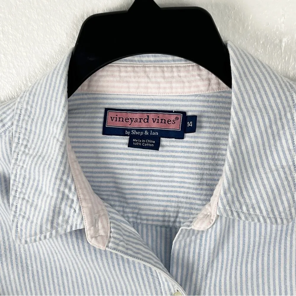 VINEYARD VINES Blue White Railroad Stripes Long Sleeves Button Shirt, Size 14 - Image 5