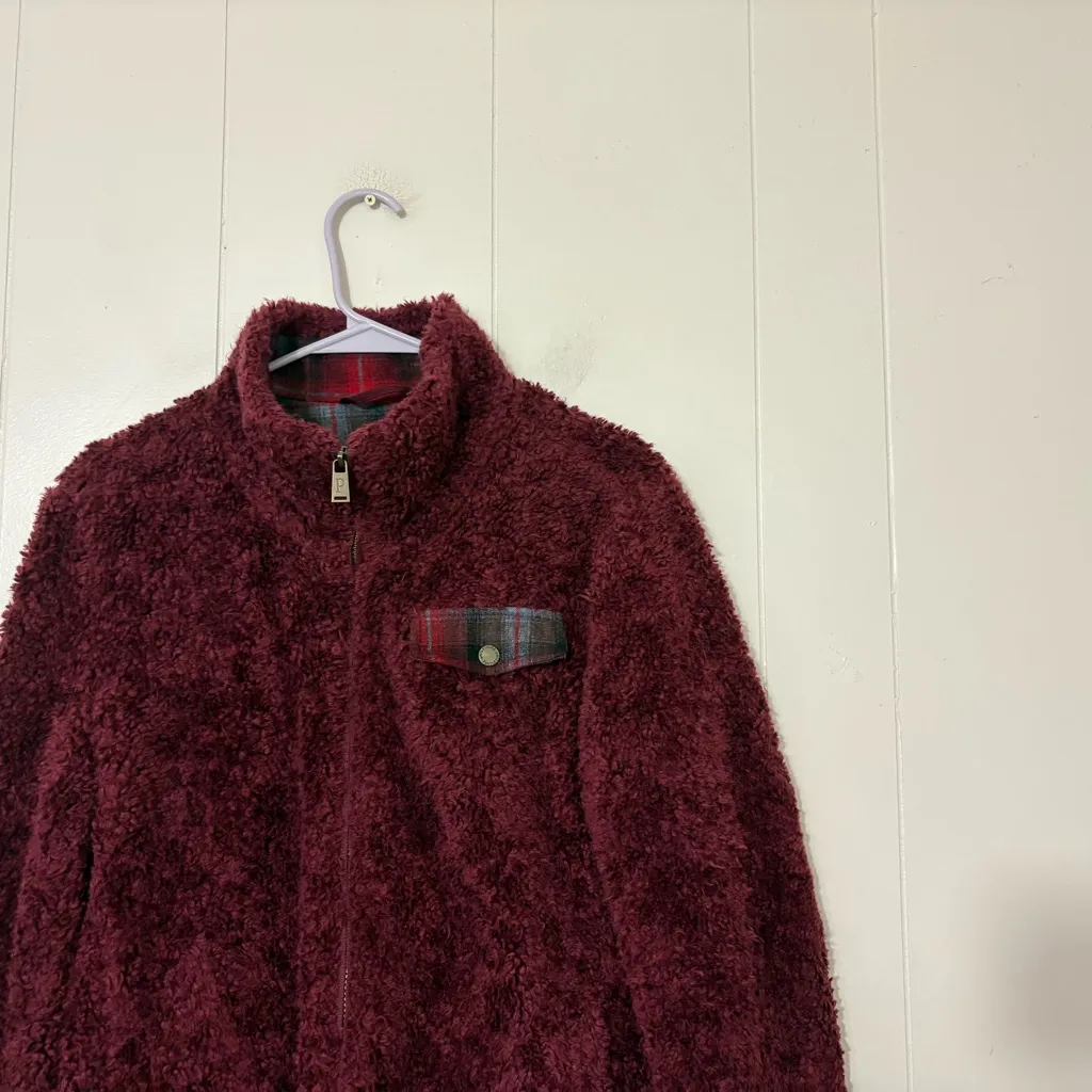 Pendleton Burgundy Fuzzy Sherpa Zip Jacket Plaid Pocket Cozy Fleece Size M - Image 3