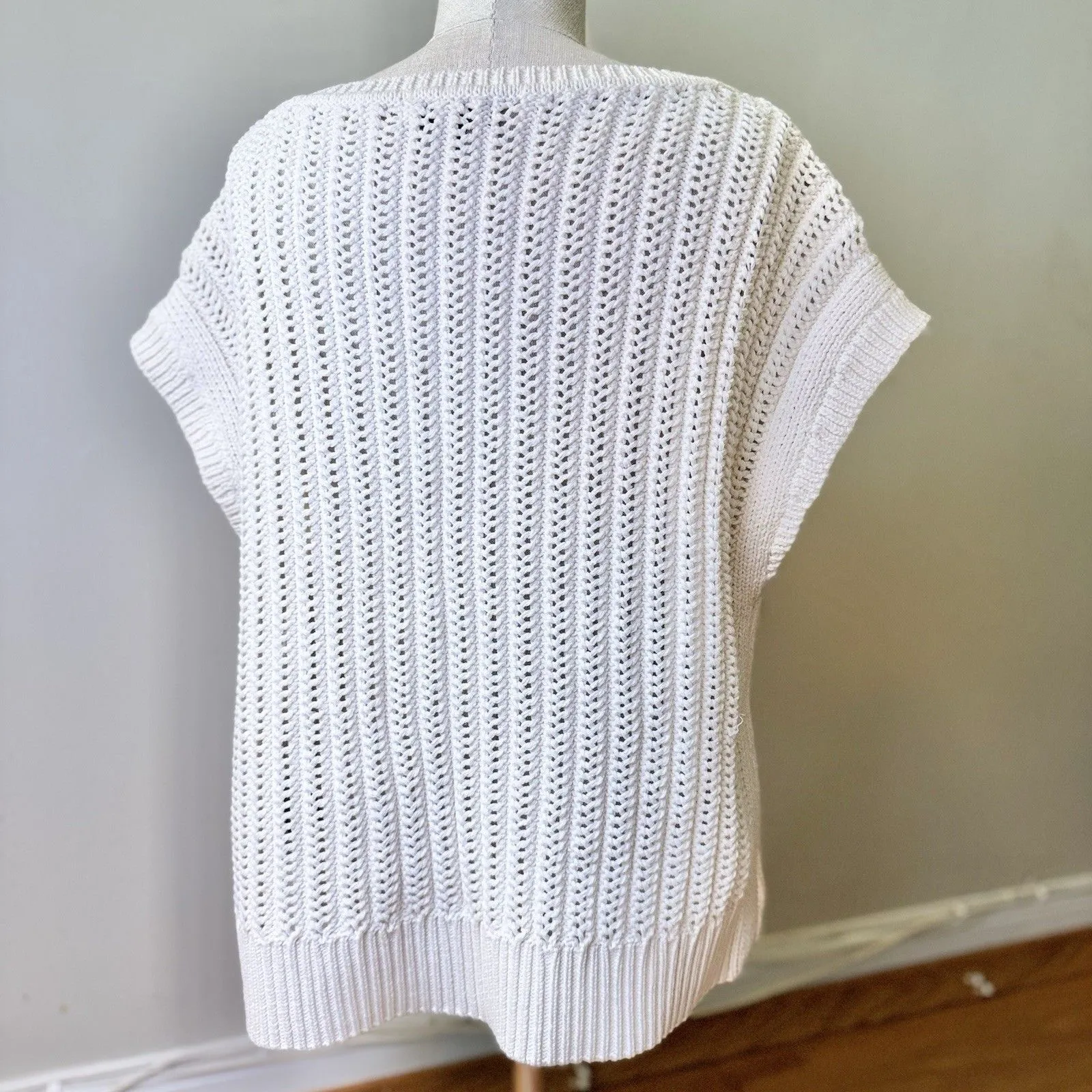 Frye Women’s Chunky Cable Knit Pullover Sweater Cap Sleeve Cream White Sz M EUC - Image 3